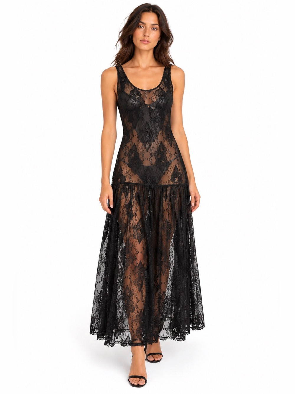 Michelle Nicole Wesley New York Vintage 90s Black Sheer Floral Lace Maxi Dress